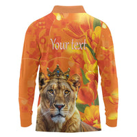 Personalized Netherlands Koninginnedag Long Sleeve Polo Shirt 30th April Lioness with Orange Tulip