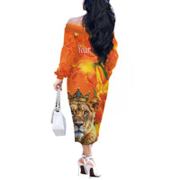 Personalized Netherlands Koninginnedag Off The Shoulder Long Sleeve Dress 30th April Lioness with Orange Tulip