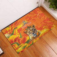 Personalized Netherlands Koninginnedag Rubber Doormat 30th April Lioness with Orange Tulip