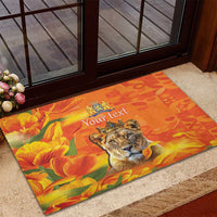 Personalized Netherlands Koninginnedag Rubber Doormat 30th April Lioness with Orange Tulip