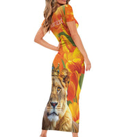 Personalized Netherlands Koninginnedag Short Sleeve Bodycon Dress 30th April Lioness with Orange Tulip