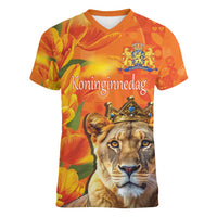 Personalized Netherlands Koninginnedag Women V-Neck T-Shirt 30th April Lioness with Orange Tulip