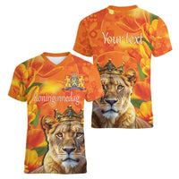Personalized Netherlands Koninginnedag Women V-Neck T-Shirt 30th April Lioness with Orange Tulip