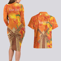 Personalized Netherlands Orange Tulip and Wildmill Couples Matching Long Sleeve Bodycon Dress and Hawaiian Shirt
