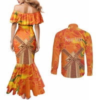 Personalized Netherlands Orange Tulip and Wildmill Couples Matching Mermaid Dress and Long Sleeve Button Shirt