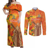 Personalized Netherlands Orange Tulip and Wildmill Couples Matching Off Shoulder Maxi Dress and Long Sleeve Button Shirt