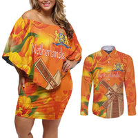 Personalized Netherlands Orange Tulip and Wildmill Couples Matching Off Shoulder Short Dress and Long Sleeve Button Shirt
