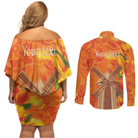 Personalized Netherlands Orange Tulip and Wildmill Couples Matching Off Shoulder Short Dress and Long Sleeve Button Shirt