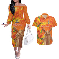 Personalized Netherlands Orange Tulip and Wildmill Couples Matching Off The Shoulder Long Sleeve Dress and Hawaiian Shirt