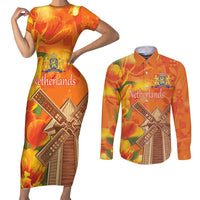 Personalized Netherlands Orange Tulip and Wildmill Couples Matching Short Sleeve Bodycon Dress and Long Sleeve Button Shirt