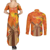 Personalized Netherlands Orange Tulip and Wildmill Couples Matching Summer Maxi Dress and Long Sleeve Button Shirt