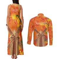 Personalized Netherlands Orange Tulip and Wildmill Couples Matching Tank Maxi Dress and Long Sleeve Button Shirt