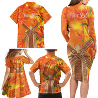 Personalized Netherlands Orange Tulip and Wildmill Family Matching Long Sleeve Bodycon Dress and Hawaiian Shirt