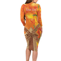 Personalized Netherlands Orange Tulip and Wildmill Family Matching Long Sleeve Bodycon Dress and Hawaiian Shirt