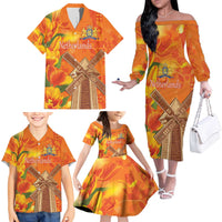 Personalized Netherlands Orange Tulip and Wildmill Family Matching Off The Shoulder Long Sleeve Dress and Hawaiian Shirt
