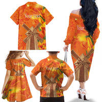 Personalized Netherlands Orange Tulip and Wildmill Family Matching Off The Shoulder Long Sleeve Dress and Hawaiian Shirt