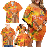Personalized Netherlands Orange Tulip and Wildmill Family Matching Off Shoulder Short Dress and Hawaiian Shirt