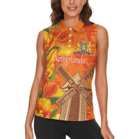 Personalized Netherlands Orange Tulip and Wildmill Women Sleeveless Polo Shirt