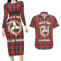 Personalized Isle of Man Triskelion Couples Matching Long Sleeve Bodycon Dress and Hawaiian Shirt Celtic Knots with Red Tartan