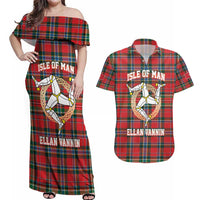 Personalized Isle of Man Triskelion Couples Matching Off Shoulder Maxi Dress and Hawaiian Shirt Celtic Knots with Red Tartan