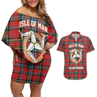 Personalized Isle of Man Triskelion Couples Matching Off Shoulder Short Dress and Hawaiian Shirt Celtic Knots with Red Tartan