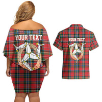 Personalized Isle of Man Triskelion Couples Matching Off Shoulder Short Dress and Hawaiian Shirt Celtic Knots with Red Tartan