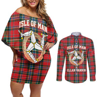 Personalized Isle of Man Triskelion Couples Matching Off Shoulder Short Dress and Long Sleeve Button Shirt Celtic Knots with Red Tartan