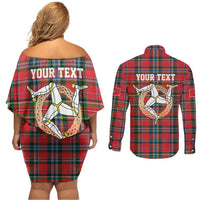 Personalized Isle of Man Triskelion Couples Matching Off Shoulder Short Dress and Long Sleeve Button Shirt Celtic Knots with Red Tartan
