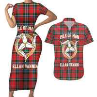 Personalized Isle of Man Triskelion Couples Matching Short Sleeve Bodycon Dress and Hawaiian Shirt Celtic Knots with Red Tartan