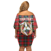 Personalized Isle of Man Triskelion Off Shoulder Short Dress Celtic Knots with Red Tartan
