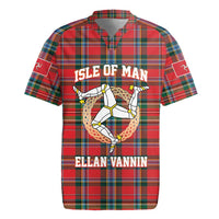 Personalized Isle of Man Triskelion Rugby Jersey Celtic Knots with Red Tartan