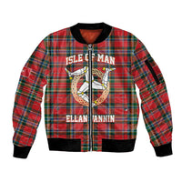 Personalized Isle of Man Triskelion Sleeve Zip Bomber Jacket Celtic Knots with Red Tartan