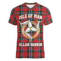 Personalized Isle of Man Triskelion Women V-Neck T-Shirt Celtic Knots with Red Tartan