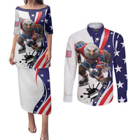 Custom United States Ice Hockey Go Champions Couples Matching Puletasi and Long Sleeve Button Shirt Team USA Eagle Mascot Style