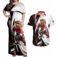 Custom Canada Ice Hockey Go Champions Couples Matching Off Shoulder Maxi Dress and Hawaiian Shirt Team Canada Beaver Mascot Style