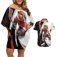 Custom Canada Ice Hockey Go Champions Couples Matching Off Shoulder Short Dress and Hawaiian Shirt Team Canada Beaver Mascot Style