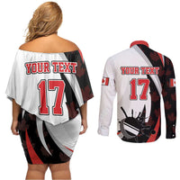 Custom Canada Ice Hockey Go Champions Couples Matching Off Shoulder Short Dress and Long Sleeve Button Shirt Team Canada Beaver Mascot Style