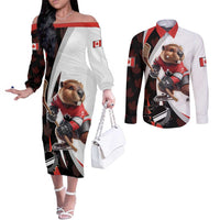 Custom Canada Ice Hockey Go Champions Couples Matching Off The Shoulder Long Sleeve Dress and Long Sleeve Button Shirt Team Canada Beaver Mascot Style