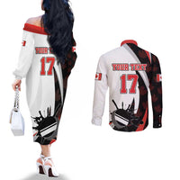 Custom Canada Ice Hockey Go Champions Couples Matching Off The Shoulder Long Sleeve Dress and Long Sleeve Button Shirt Team Canada Beaver Mascot Style