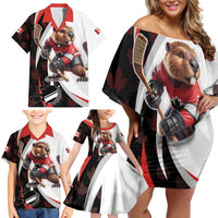 Custom Canada Ice Hockey Go Champions Family Matching Off Shoulder Short Dress and Hawaiian Shirt Team Canada Beaver Mascot Style