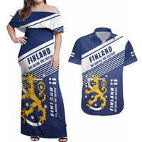 Personalized Finland One Nation One Culture Couples Matching Off Shoulder Maxi Dress and Hawaiian Shirt A Crowned Lion with Flag