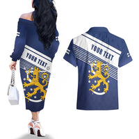 Personalized Finland One Nation One Culture Couples Matching Off The Shoulder Long Sleeve Dress and Hawaiian Shirt A Crowned Lion with Flag