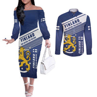 Personalized Finland One Nation One Culture Couples Matching Off The Shoulder Long Sleeve Dress and Long Sleeve Button Shirt A Crowned Lion with Flag