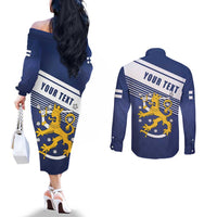 Personalized Finland One Nation One Culture Couples Matching Off The Shoulder Long Sleeve Dress and Long Sleeve Button Shirt A Crowned Lion with Flag