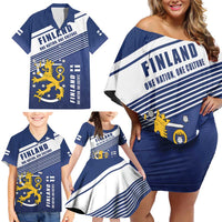 Personalized Finland One Nation One Culture Family Matching Off Shoulder Short Dress and Hawaiian Shirt A Crowned Lion with Flag