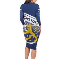 Personalized Finland One Nation One Culture Long Sleeve Bodycon Dress A Crowned Lion with Flag