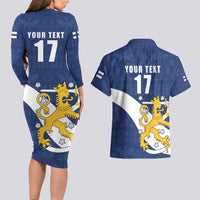 Custom Finland Football We are Champions Couples Matching Long Sleeve Bodycon Dress and Hawaiian Shirt Huuhkajat with Finnish Folk Paterns