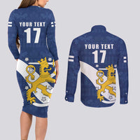 Custom Finland Football We are Champions Couples Matching Long Sleeve Bodycon Dress and Long Sleeve Button Shirt Huuhkajat with Finnish Folk Paterns
