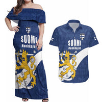 Custom Finland Football We are Champions Couples Matching Off Shoulder Maxi Dress and Hawaiian Shirt Huuhkajat with Finnish Folk Paterns
