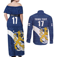 Custom Finland Football We are Champions Couples Matching Off Shoulder Maxi Dress and Long Sleeve Button Shirt Huuhkajat with Finnish Folk Paterns